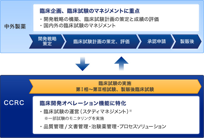 中外製薬は、臨床企画、臨床試験のマネジメントに重点を置いています。　開発戦略の構築、臨床試験計画の策定と成績の評価。国内外の臨床試験のマネジメントの２つが主な重点です。　開発戦略の策定、臨床試験計画の策定、評価、承認申請、製販後のプロセスを担います。　CCRCは、臨床試験の実施、第１相から第３相試験、製販後臨床試験までの範囲を担い、臨床開発オペレーション機能に特化し、臨床試験の運営（スタディマネジメント）※一部試験のモニタリングを実施、品質管理/文書管理・治験薬管理・プロセスソリューション等を行います。